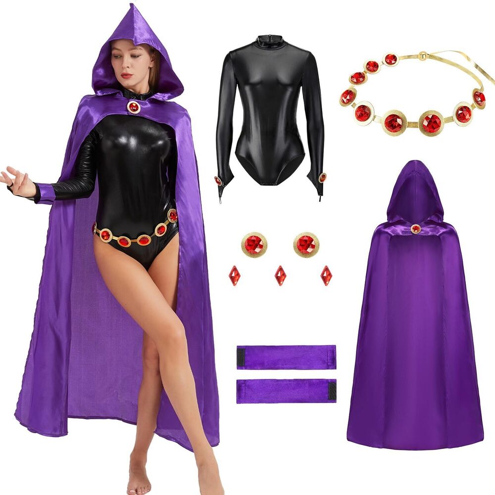 2725 Cosplay Costume Purple Cape Sexy Black Jumpsuit with Belt Cosplay